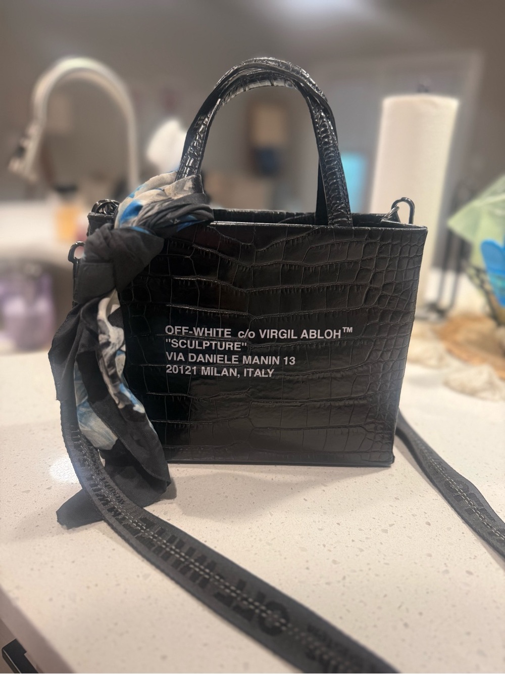 Off-White Black Croc-Embossed Mini Satchel with Graphic Logo